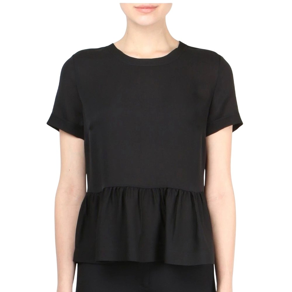 Veronica Beard Arlene Black 100% Silk Peplum Short Sleeve Top Blouse Size 8